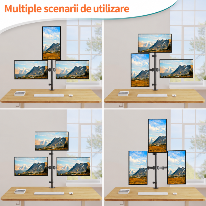 Suport 3 monitoare Elived® 17–32 inch – VESA 75x75/100x100, reglabil, negru. [6]