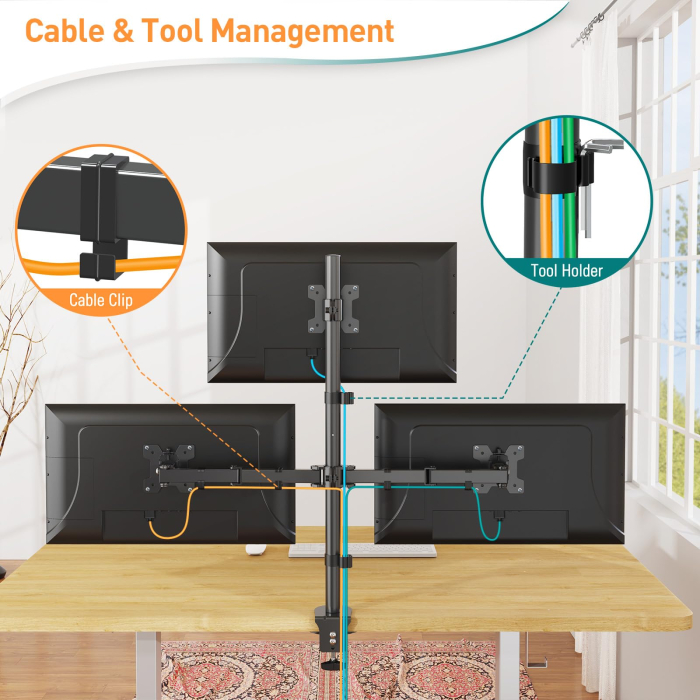 Suport pentru 3 monitoare Elived®, monitor cu diagonala intre 17-32" inch, VESA 75x75 si 100x100, pana la 8 kg per brat, brate rotative si ajustabile, prindere cu clema sau surub direct in blat, birou [7]