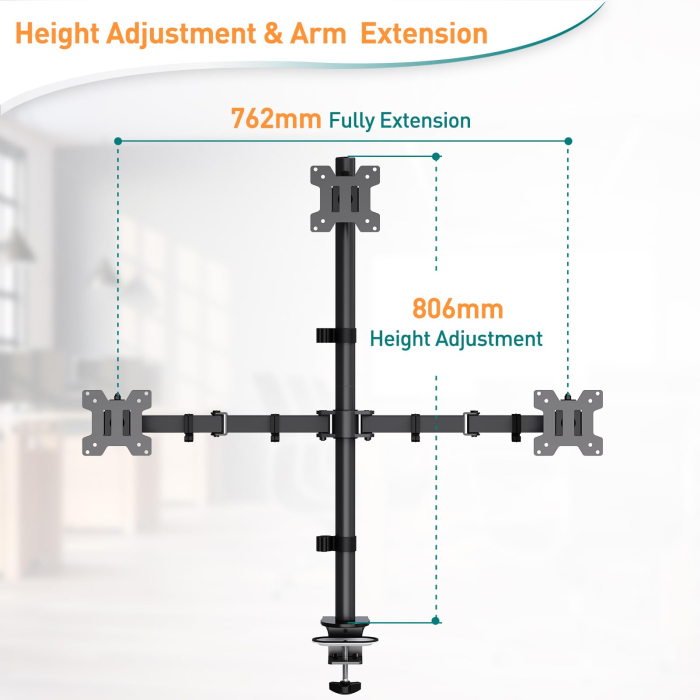 Suport pentru 3 monitoare Elived®, monitor cu diagonala intre 17-32" inch, VESA 75x75 si 100x100, pana la 8 kg per brat, brate rotative si ajustabile, prindere cu clema sau surub direct in blat, birou [8]