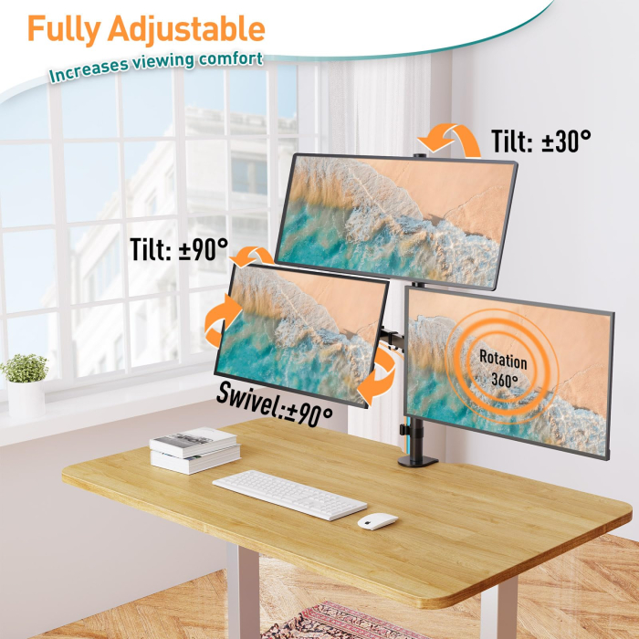 Suport pentru 3 monitoare Elived®, monitor cu diagonala intre 17-32" inch, VESA 75x75 si 100x100, pana la 8 kg per brat, brate rotative si ajustabile, prindere cu clema sau surub direct in blat, birou [4]