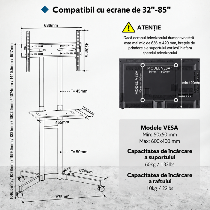 Suport TV Bontec® 32–85 inch – stand cu roti 360°, VESA 600x400, multifunctional. [2]
