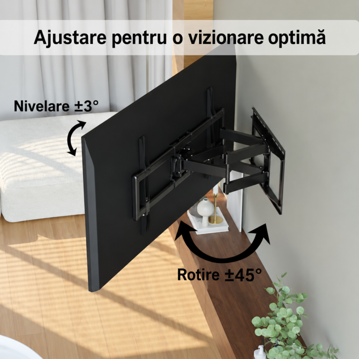 Suport TV universal extensibil – 37–85 inch, VESA 100x100–600x400, inclinare, rotire, pana la 60 kg, negru. [6]