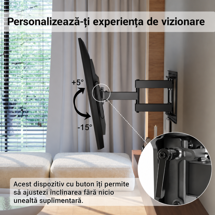 Suport TV universal extensibil – 37–85 inch, VESA 100x100–600x400, inclinare, rotire, pana la 60 kg, negru. [4]