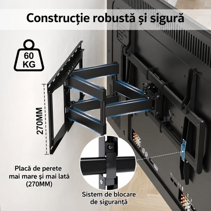 Suport TV universal extensibil – 37–85 inch, VESA 100x100–600x400, inclinare, rotire, pana la 60 kg, negru. [3]