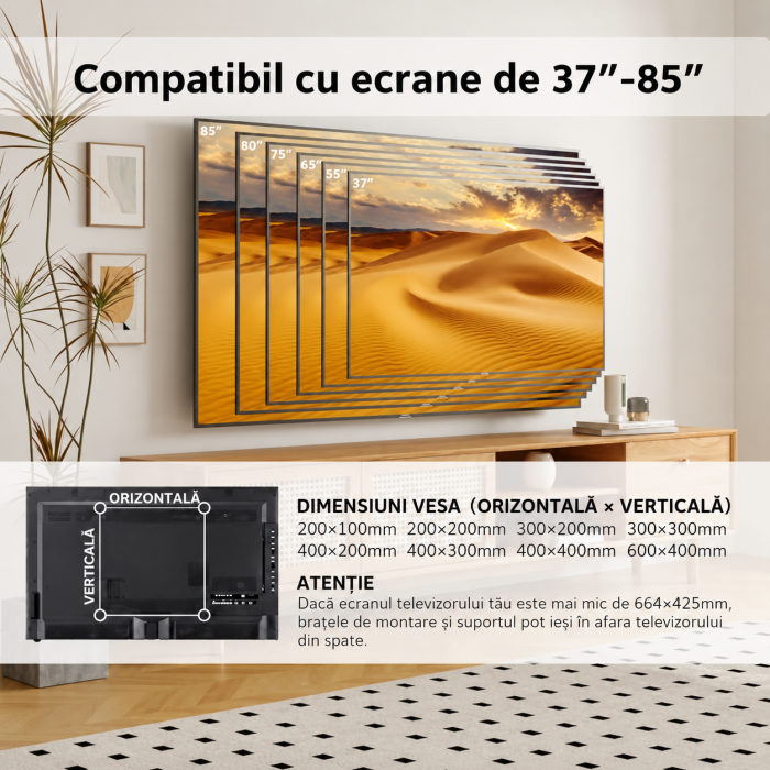 Suport TV universal extensibil – 37–85 inch, VESA 100x100–600x400, inclinare, rotire, pana la 60 kg, negru. [2]
