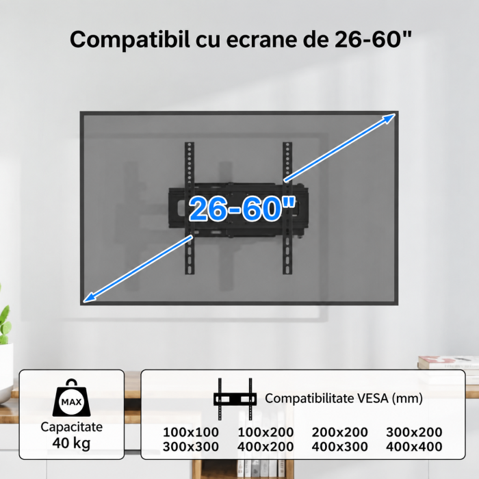 Suport TV Bontec® 26–60 inch – perete, VESA 400x400, inclinare si rotire, montare colt, negru. [2]