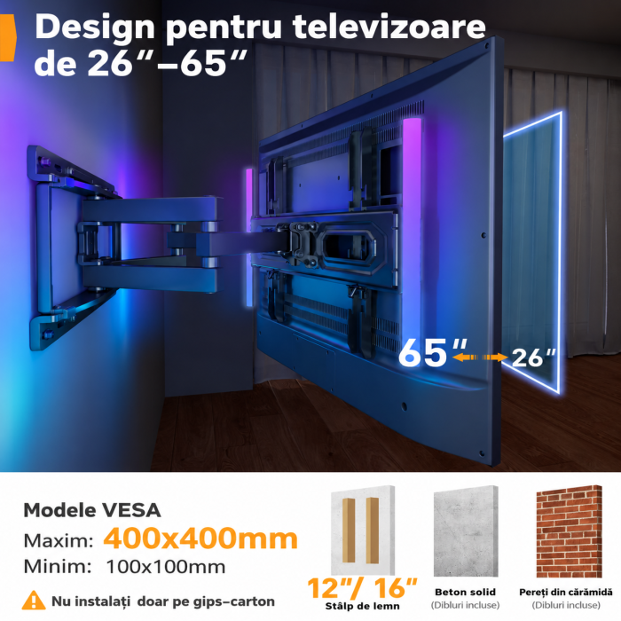 Suport TV Perlegear® 26–65 inch – perete, VESA, RGB, pana la 45 kg, negru. [6]