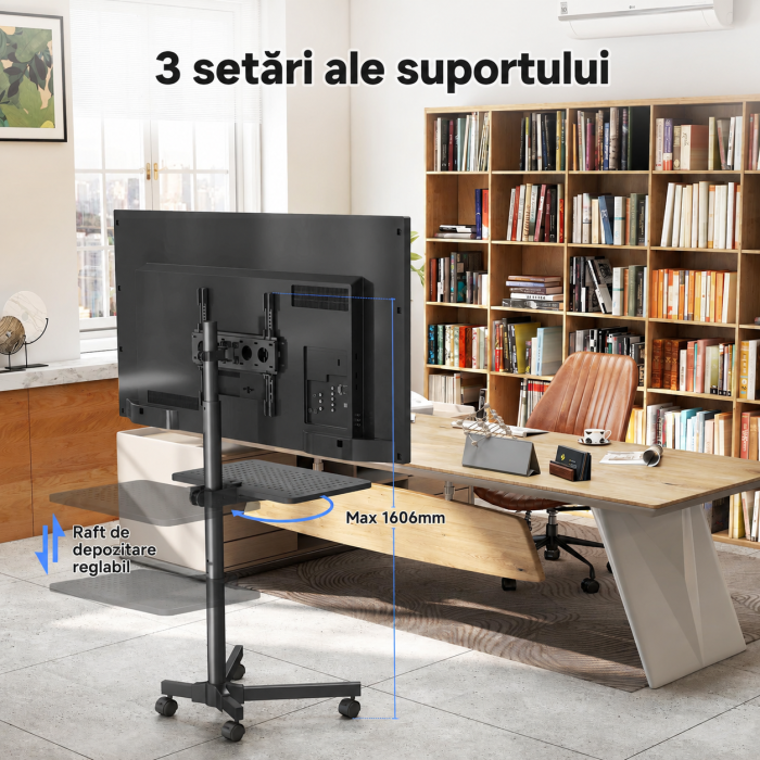 AM273 - Suport pentru televizor, stand TV 21-60 inch cu roti 360°, suporta greutate pana la 35 kg, VESA pana la 400 x 400 mm, inaltime ajustabila, bucatarie, living, dormitor, sala de sedinte, multifu [8]