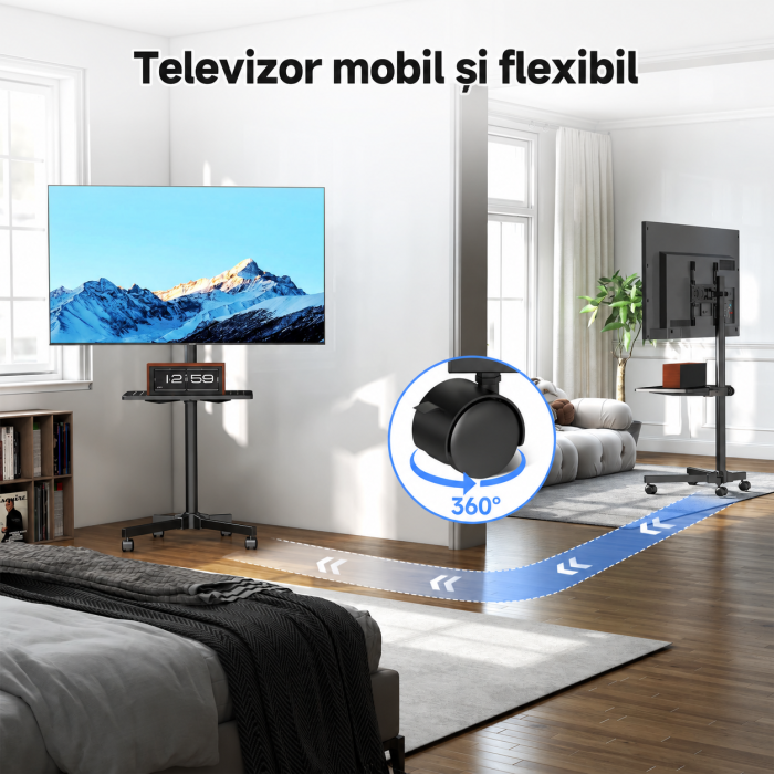 AM273 - Suport pentru televizor, stand TV 21-60 inch cu roti 360°, suporta greutate pana la 35 kg, VESA pana la 400 x 400 mm, inaltime ajustabila, bucatarie, living, dormitor, sala de sedinte, multifu [5]