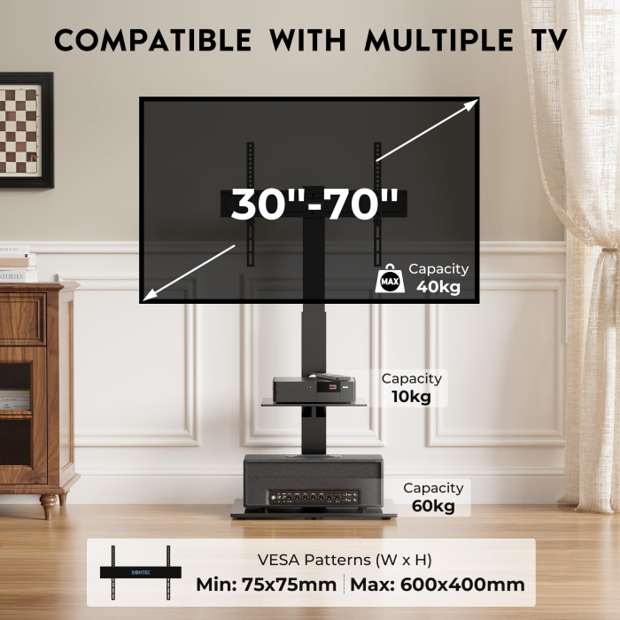 Suport TV cu stand Bontec® pentru televizor plat si curbat 30–70 inch, 40 kg, VESA 600x400, inaltime ajustabila, multifunctional. [2]