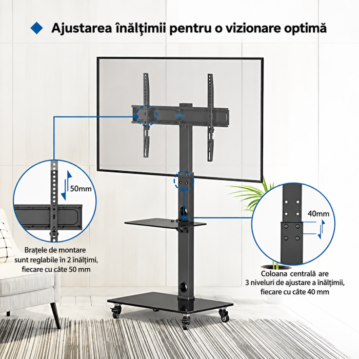 Suport TV cu stand Bontec® pentru televizor plat si curbat 30–70 inch, cu roti 360°, 40 kg, VESA 600x400, inaltime ajustabila, multifunctional. [5]