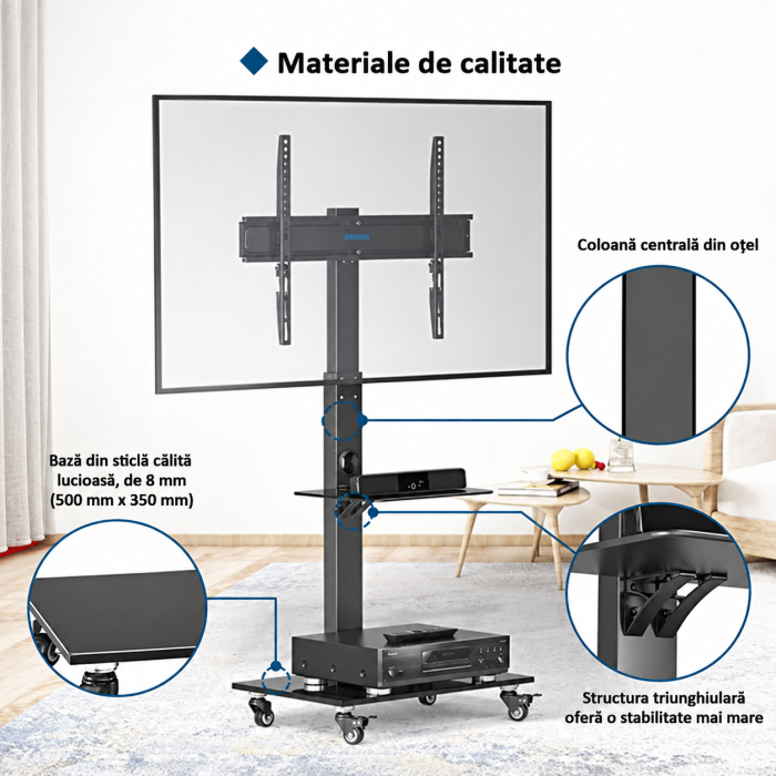 Suport TV cu stand Bontec® pentru televizor plat si curbat 30–70 inch, cu roti 360°, 40 kg, VESA 600x400, inaltime ajustabila, multifunctional. [3]