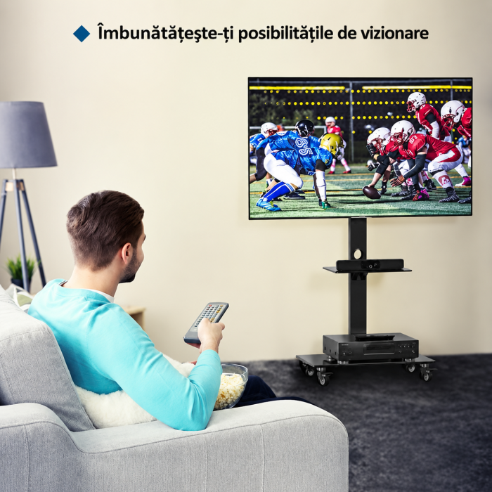 Suport TV cu stand Bontec® pentru televizor plat si curbat 30–70 inch, cu roti 360°, 40 kg, VESA 600x400, inaltime ajustabila, multifunctional. [7]