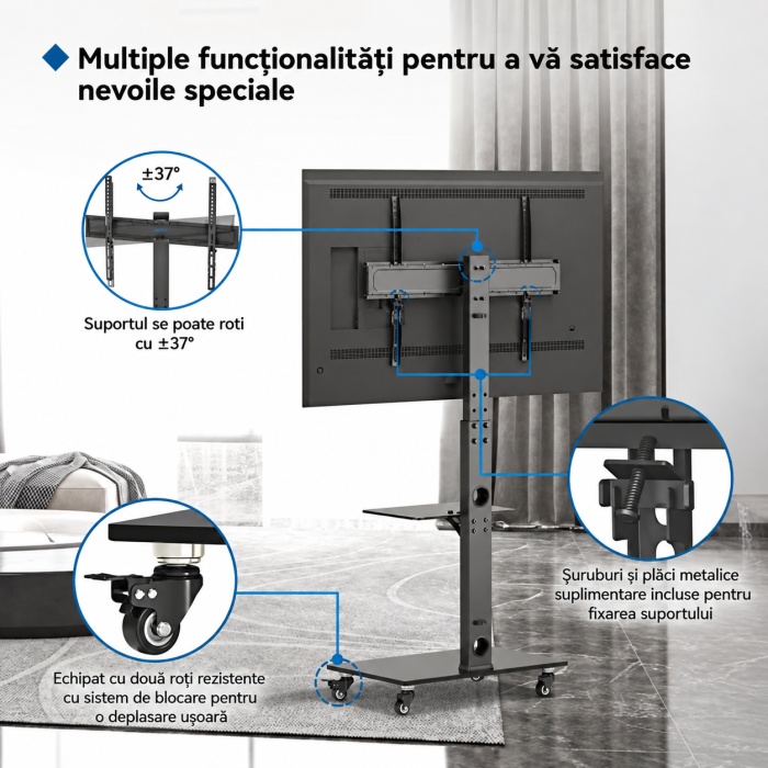 Suport TV cu stand Bontec® pentru televizor plat si curbat 30–70 inch, cu roti 360°, 40 kg, VESA 600x400, inaltime ajustabila, multifunctional. [4]