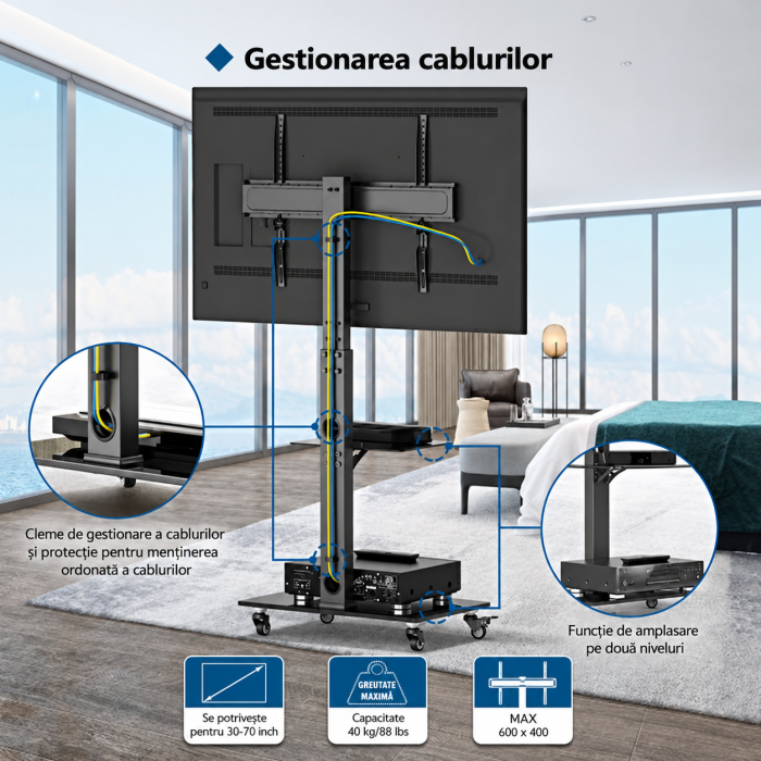 Suport TV cu stand Bontec® pentru televizor plat si curbat 30–70 inch, cu roti 360°, 40 kg, VESA 600x400, inaltime ajustabila, multifunctional. [6]