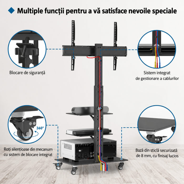 Suport TV Bontec® 30–70 inch – stand cu sticla securizata si roti 360°, VESA 600x400. [4]