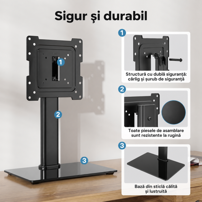 Suport TV de birou Bontec® 17–43 inch, VESA până la 200x200, rotire ±50°, 3 niveluri reglare înălțime, bază sticlă securizată, până la 45 kg, negru. [4]