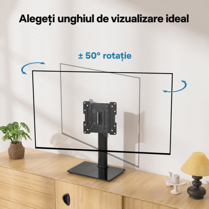 Suport TV de birou Bontec® 17–43 inch, VESA până la 200x200, rotire ±50°, 3 niveluri reglare înălțime, bază sticlă securizată, până la 45 kg, negru. [7]