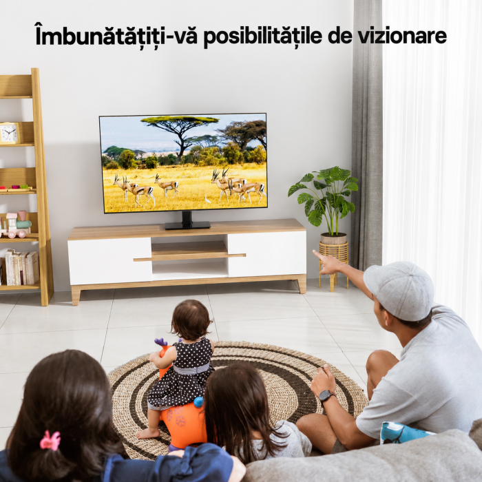 Suport TV de birou Bontec® 17–43 inch, VESA până la 200x200, rotire ±50°, 3 niveluri reglare înălțime, bază sticlă securizată, până la 45 kg, negru. [8]