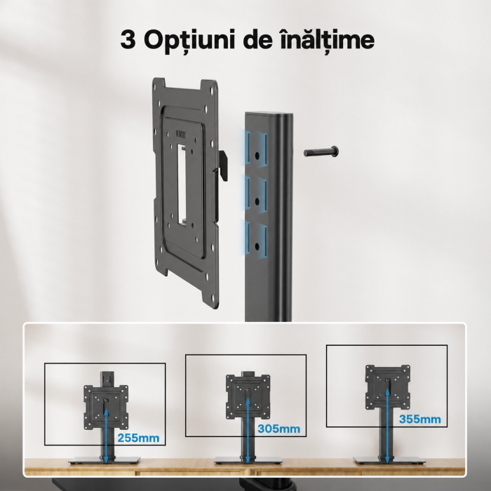 Suport TV de birou Bontec® 17–43 inch, VESA până la 200x200, rotire ±50°, 3 niveluri reglare înălțime, bază sticlă securizată, până la 45 kg, negru. [5]