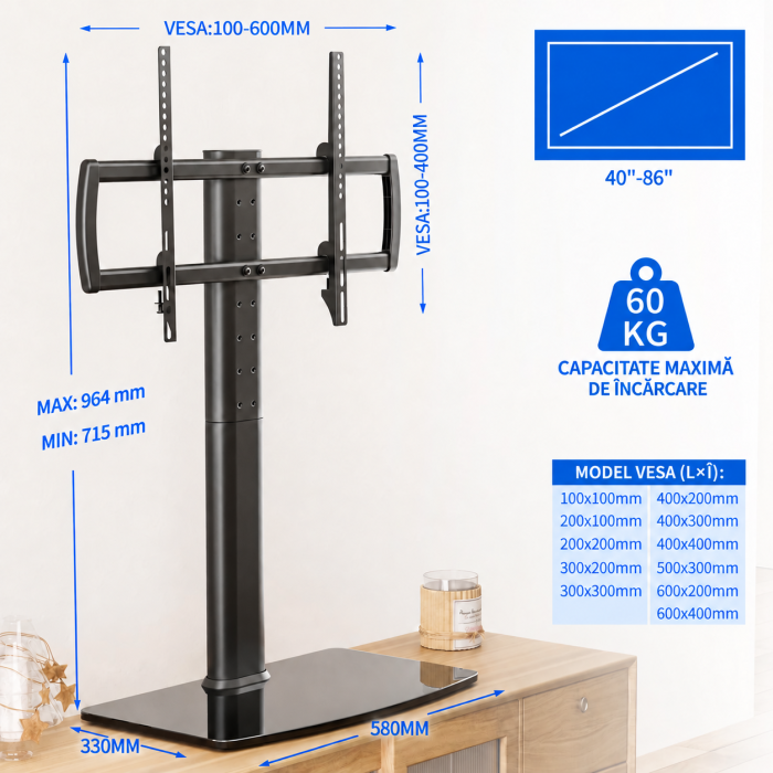 Suport TV de Masa 40-86 inch, Rotire 110°, 60 kg, VESA 600x400 [2]