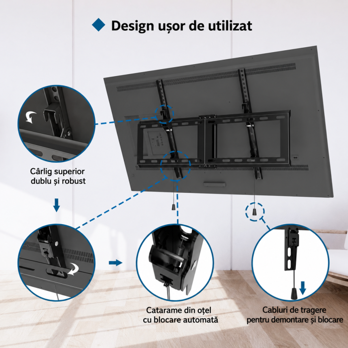Suport TV de perete Bontec® universal 37–82 inch, VESA pana la 600x400, inclinare +1° / -8°, profil slim 38 mm, pana la 60 kg. [6]