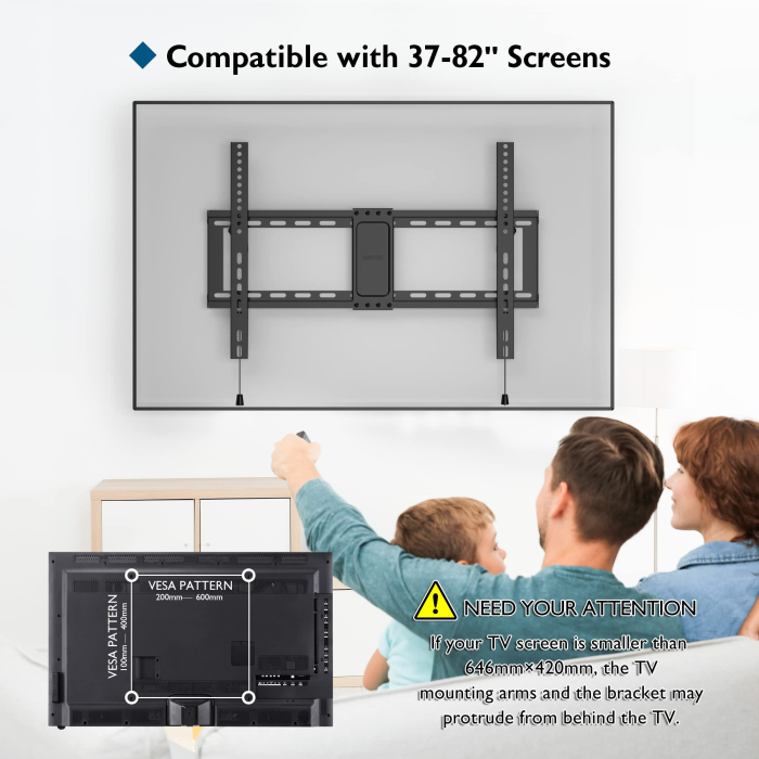 Suport TV de perete Bontec® universal 37–82 inch, VESA pana la 600x400, inclinare +1° / -8°, profil slim 38 mm, pana la 60 kg. [3]