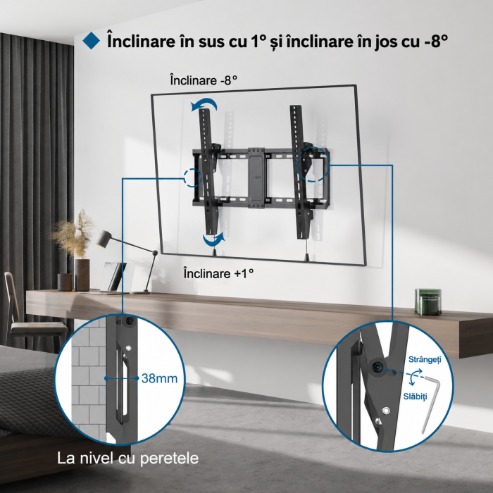 Suport TV de perete Bontec® universal 37–82 inch, VESA pana la 600x400, inclinare +1° / -8°, profil slim 38 mm, pana la 60 kg. [5]