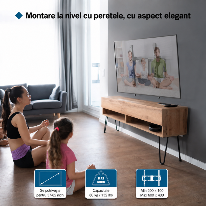 Suport TV de perete Bontec® universal 37–82 inch, VESA pana la 600x400, inclinare +1° / -8°, profil slim 38 mm, pana la 60 kg. [4]