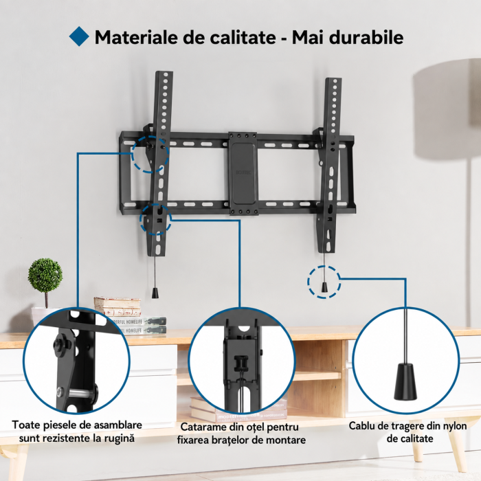 Suport TV de perete Bontec® universal 37–82 inch, VESA pana la 600x400, inclinare +1° / -8°, profil slim 38 mm, pana la 60 kg. [7]