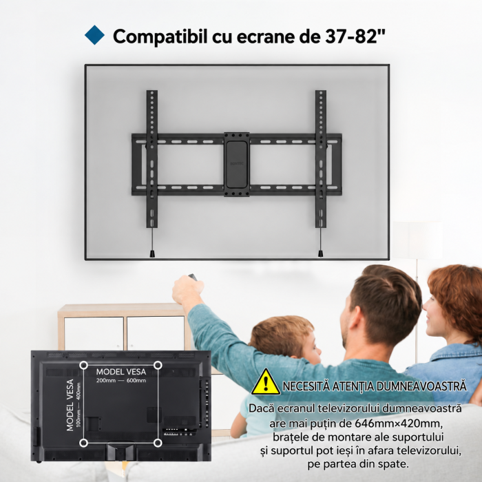 Suport TV de perete Bontec® universal 37–82 inch, VESA pana la 600x400, inclinare +1° / -8°, profil slim 38 mm, pana la 60 kg. [2]