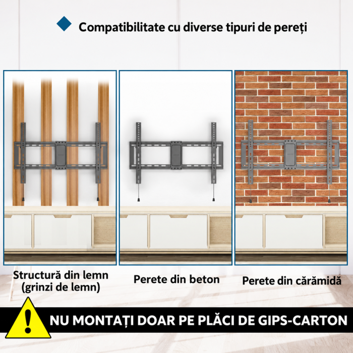 Suport TV de perete Bontec® universal 37–82 inch, VESA pana la 600x400, inclinare +1° / -8°, profil slim 38 mm, pana la 60 kg. [8]