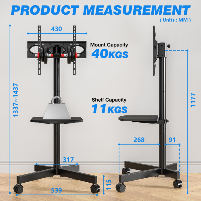 Suport TV pentru televizor 27–60 Inch, Mobil cu roti 360°, Reglabil pe Inaltime, Inclinabil, VESA 400x400, greutate suportata 40 kg, cu sau fara polita, Negru [2]