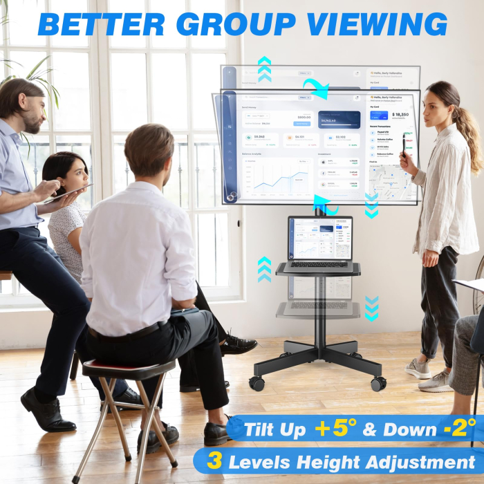 Suport TV pentru televizor 27–60 Inch, Mobil cu roti 360°, Reglabil pe Inaltime, Inclinabil, VESA 400x400, greutate suportata 40 kg, cu sau fara polita, Negru [5]