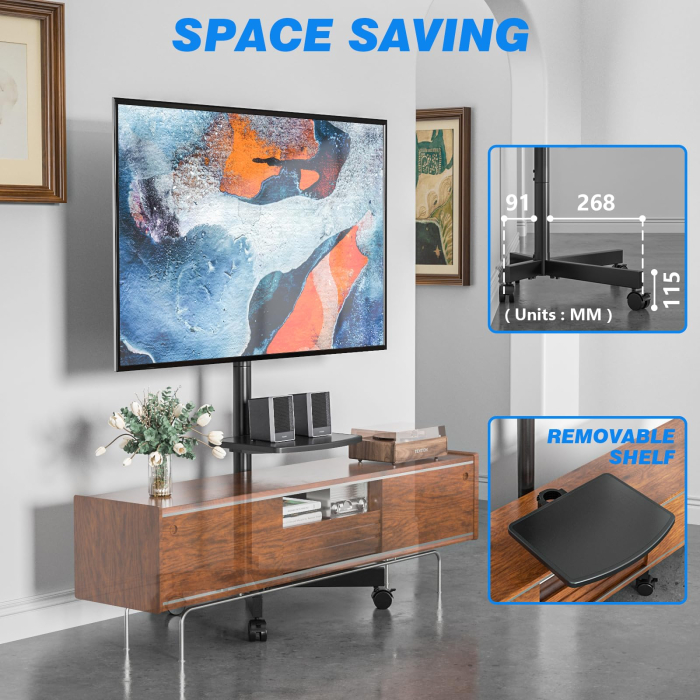 Suport TV pentru televizor 27–60 Inch, Mobil cu roti 360°, Reglabil pe Inaltime, Inclinabil, VESA 400x400, greutate suportata 40 kg, cu sau fara polita, Negru [4]
