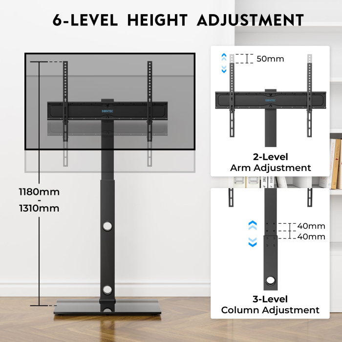 Suport TV pentru televizor 30-70 inch Bontec®, plat si curbat, cu sticla securizata, suporta greutate pana la 40 kg, VESA pana la 600 x 400 mm, brat pivotant, inaltime ajustabila, prinderi din otel, multifunctional [4]