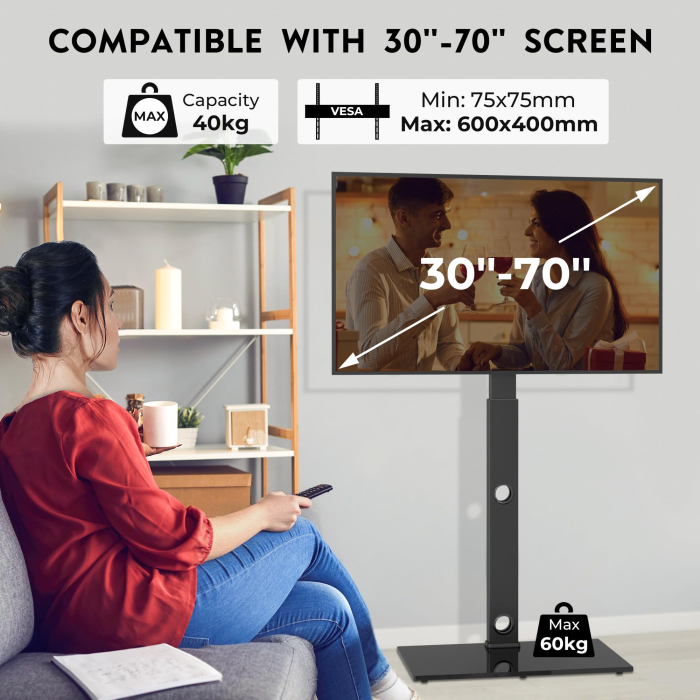 Suport TV pentru televizor 30-70 inch Bontec®, plat si curbat, cu sticla securizata, suporta greutate pana la 40 kg, VESA pana la 600 x 400 mm, brat pivotant, inaltime ajustabila, prinderi din otel, multifunctional [2]