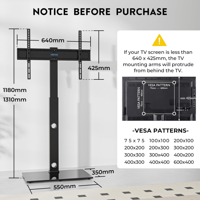 Suport TV pentru televizor 30-70 inch Bontec®, plat si curbat, cu sticla securizata, suporta greutate pana la 40 kg, VESA pana la 600 x 400 mm, brat pivotant, inaltime ajustabila, prinderi din otel, multifunctional [3]
