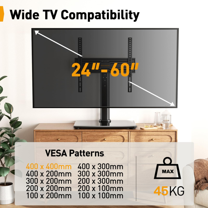 Suport TV Perlegear, pentru televizoare 24-60 inch, reglabil pe inaltime, rotatie 50° stanga-dreapta, sticla securizata, maximum 45 kg, VESA pana la 400 x 400 mm, prinderi din otel, masa, birou, comod [2]