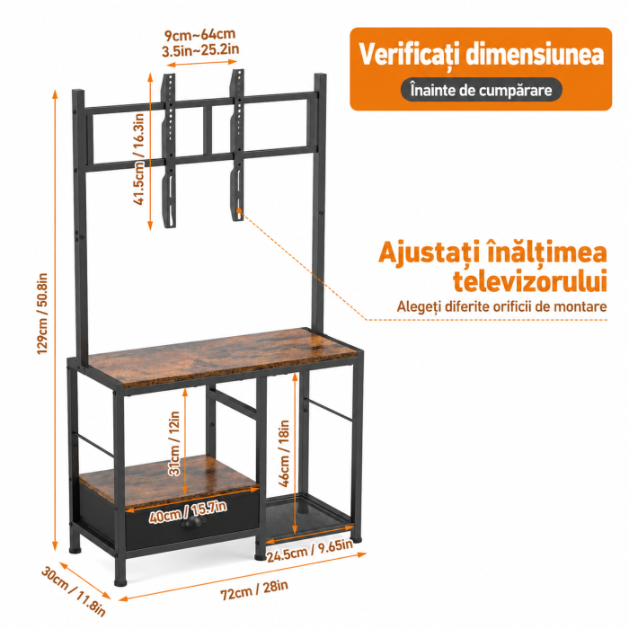 AM291 - Suport TV reglabil 32-55 inch tip comoda televizor, Vesa pana la 400/400, suporta total 90 Kg, masa TV cu sertar si rafturi depozitare, stand televizor universal, structura metalica, maro [3]