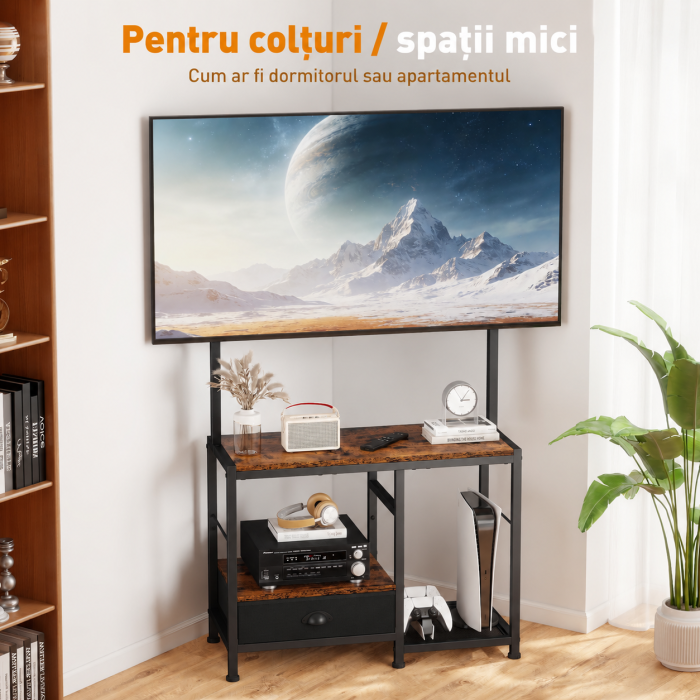 AM291 - Suport TV reglabil 32-55 inch tip comoda televizor, Vesa pana la 400/400, suporta total 90 Kg, masa TV cu sertar si rafturi depozitare, stand televizor universal, structura metalica, maro [5]
