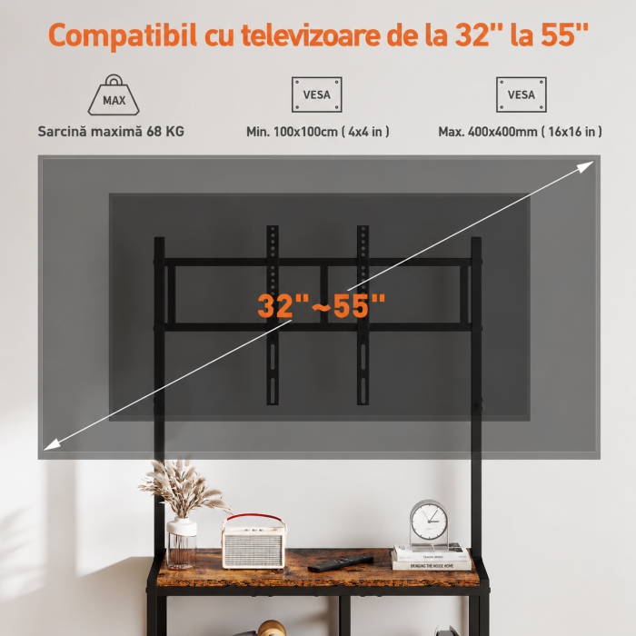 AM291 - Suport TV reglabil 32-55 inch tip comoda televizor, Vesa pana la 400/400, suporta total 90 Kg, masa TV cu sertar si rafturi depozitare, stand televizor universal, structura metalica, maro [2]