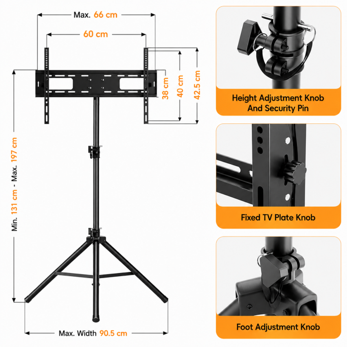 Suport TV Tripod pentru televizor 25–70 Inch, portabil, transportabil, Reglabil pe Inaltime, Inclinare ±15°, VESA 600x400, suporta 49 kg, foarte stabil, Negru [4]