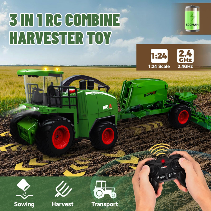 Tractor si combina agricola 3-in-1, jucarie telecomandata pentru copii 3+ ani, lumini, sunete, remorca, simulare recoltare si transport animale. [4]