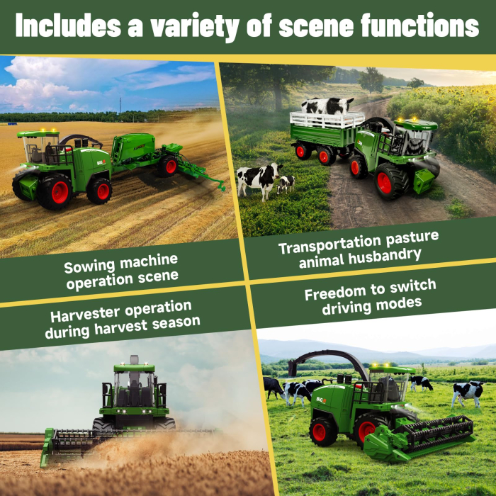 Tractor si combina agricola 3-in-1, jucarie telecomandata pentru copii 3+ ani, lumini, sunete, remorca, simulare recoltare si transport animale. [3]