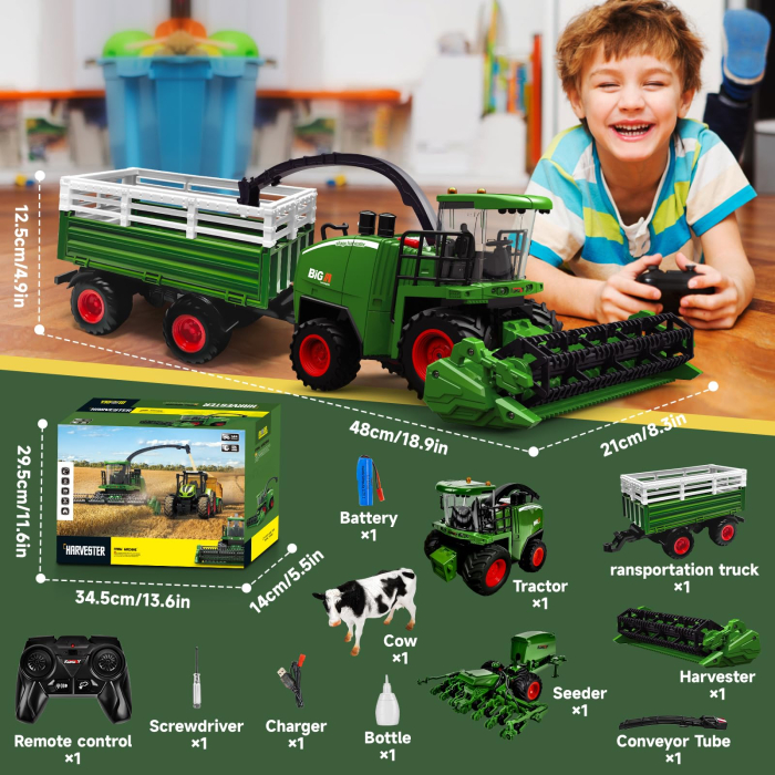Tractor si combina agricola 3-in-1, jucarie telecomandata pentru copii 3+ ani, lumini, sunete, remorca, simulare recoltare si transport animale. [2]