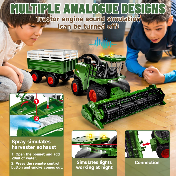 Tractor si combina agricola 3-in-1, jucarie telecomandata pentru copii 3+ ani, lumini, sunete, remorca, simulare recoltare si transport animale. [6]
