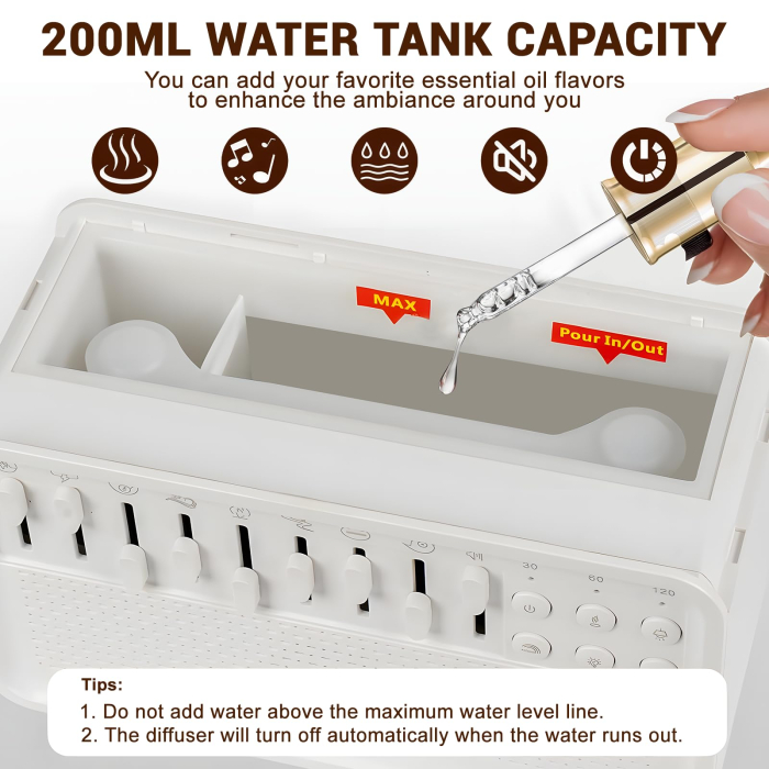 Umidificator Aromaterapie 3 in 1 Adymel® White Noise, Difuzor Arome cu Efect Flacara, Lampa de Veghe 3 Trepte, 8 Sunete Ambientale, LED, Timer, conectare usb, Alb [6]