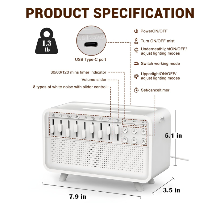 Umidificator Aromaterapie 3 in 1 Adymel® White Noise, Difuzor Arome cu Efect Flacara, Lampa de Veghe 3 Trepte, 8 Sunete Ambientale, LED, Timer, conectare usb, Alb [5]