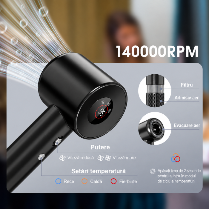 Uscator de par profesional – 500 milioane ioni negativi, motor 140.000 RPM, negru. [3]